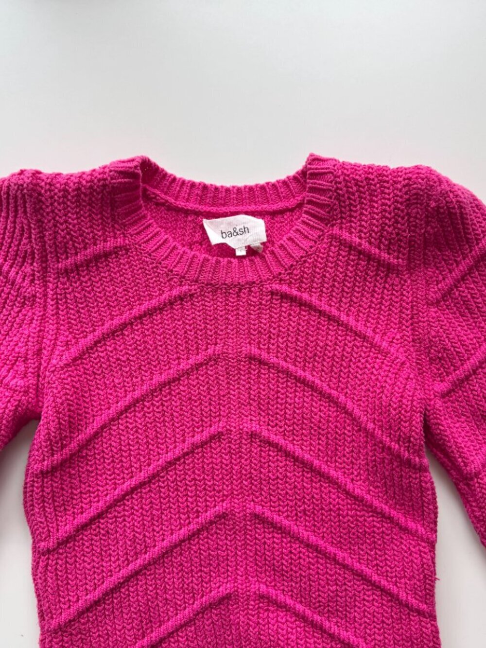 BA&SH Dabney Fuchsia Pink Cotton Knit Ribbed Puff Sleeve Sweater, Size L - Picture 6 of 16